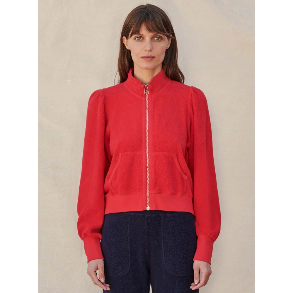 SUNDRY Red Terry Cloth Puff Sleeve Zip Up Jacket Women's Size 3